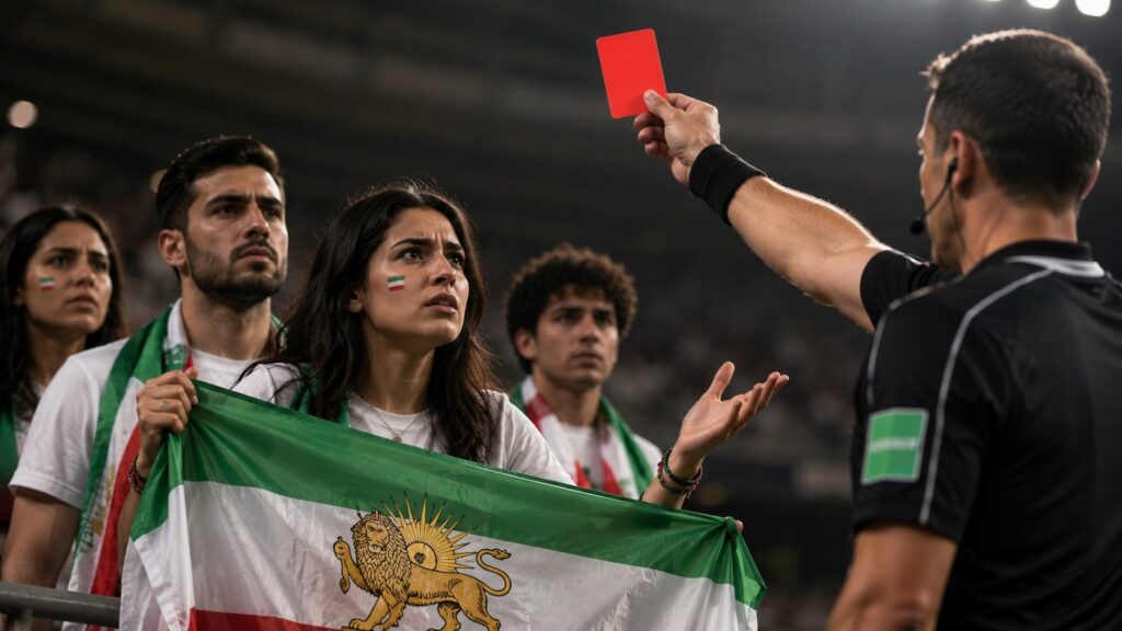 Fans holding a large green‑white‑red flag with a lion emblem, as a referee shows a red card nearby amid a stadium crowd.