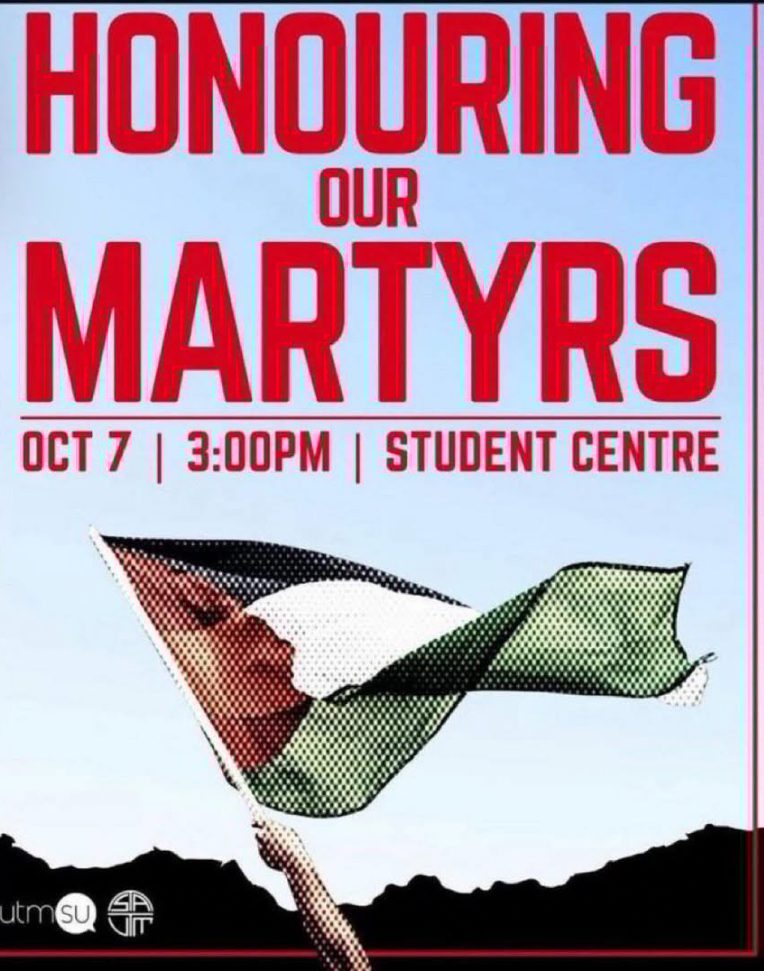 G2mcCP1bwAAaQ_C-e1760045376236 - StandWithUs Poster-style image with bold red text reading 'HONOURING OUR MARTYRS' at the top; a raised hand holds a Palestinian flag waving over a blue sky with dark hills at the bottom, suggesting an event or commemoration poster.