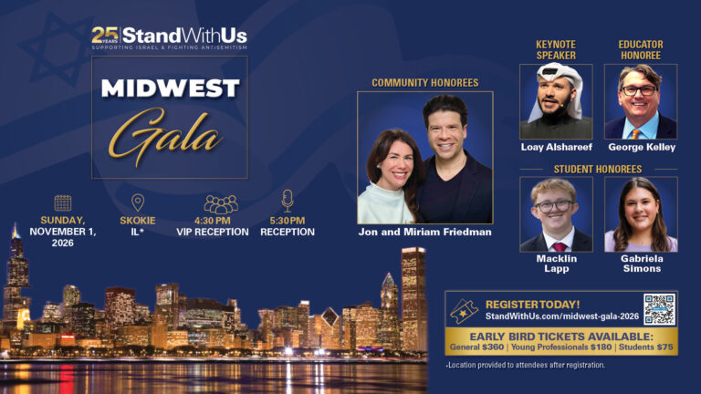 Blue Midwest Gala poster for StandWithUs with title MIDWEST Gala and skyline at the bottom, plus honoree photos and event details.