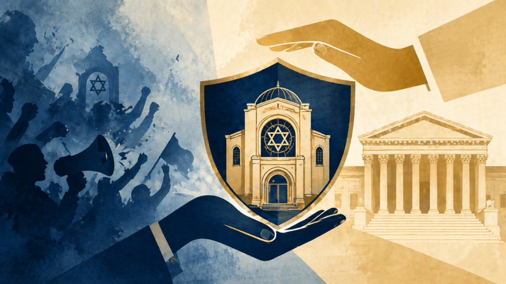 Symbolic illustration of hands shielding a blue shield with a synagogue and Star of David, representing protection of Jewish heritage and institutions.