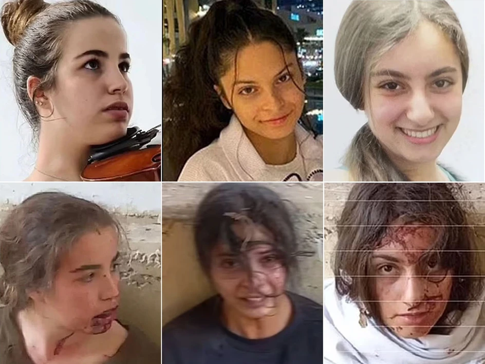 Six-person collage: top row shows three young people—left: woman with a violin looking upward, center: smiling woman with dark hair in a ponytail, right: woman with light hair smiling against a pale background; bottom row shows three more individuals—left: injured woman with facial bruising, center: person with dark hair and bandages, right: person with facial injuries and bandages.