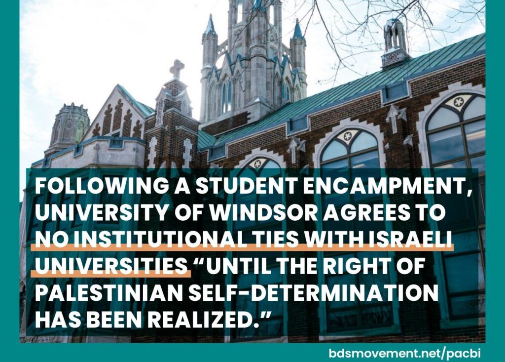 Bold white headline over a historic brick university building with teal framing, advocating Palestinian self-determination for Windsor University. The bottom-right shows a URL text panel.