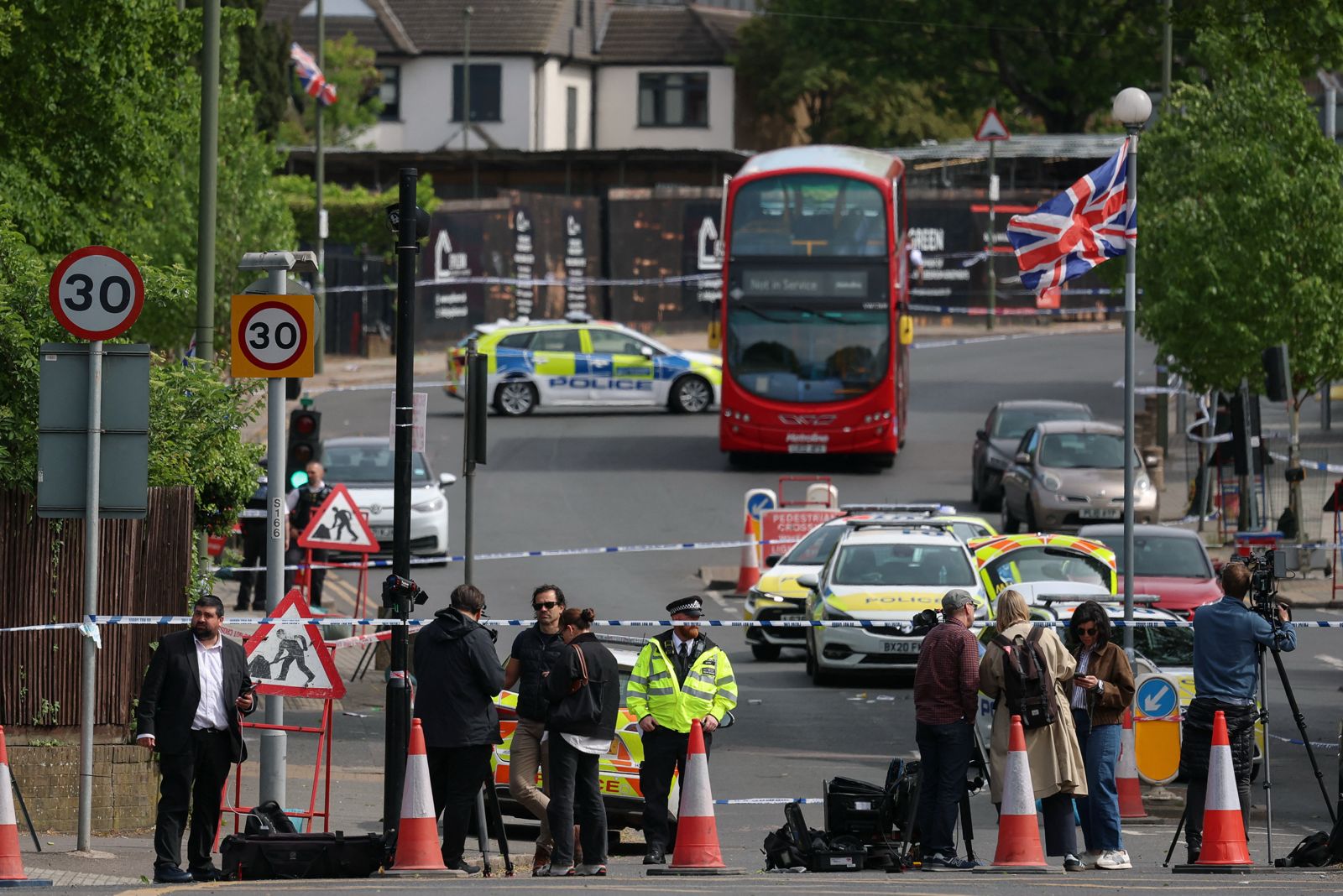 Police cordon in Golders Green, London, following a terrorist stabbing attack on 29 April 2026 in which two Jewish men were stabbed.