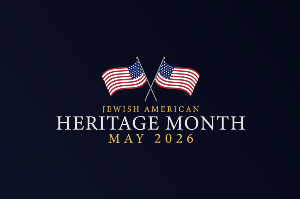 Two crossed American flags over a dark gradient background with gold text: 'Jewish American Heritage Month May 2026'.