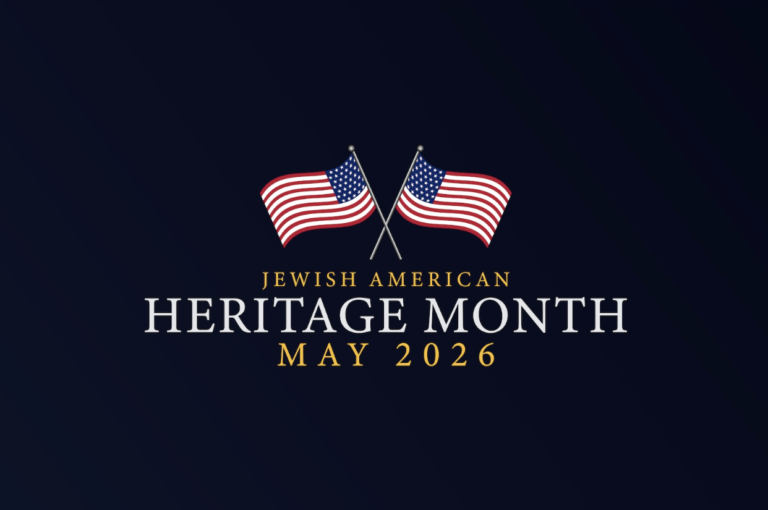 Two crossed American flags over a dark gradient background with gold text: 'Jewish American Heritage Month May 2026'.