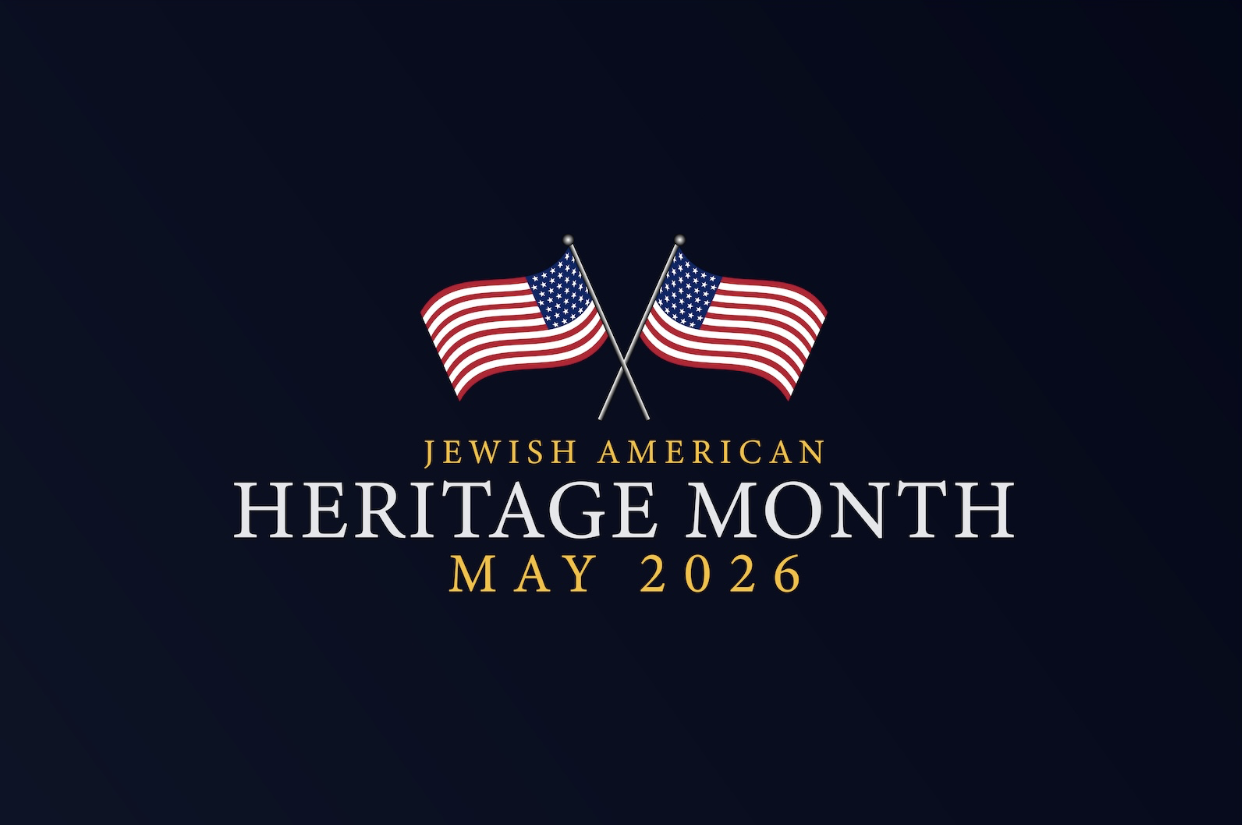Two crossed American flags over a dark gradient background with gold text: 'Jewish American Heritage Month May 2026'.