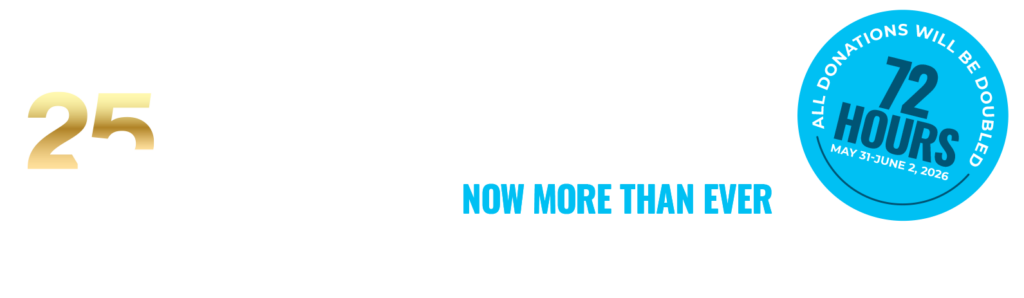 Banner for StandWithUs Day celebrating 25 years, with a blue circular '72 HOURS' donation badge on the right and 'Now More Than Ever' slogan to support Israel and fight antisemitism, on a black background with white text.