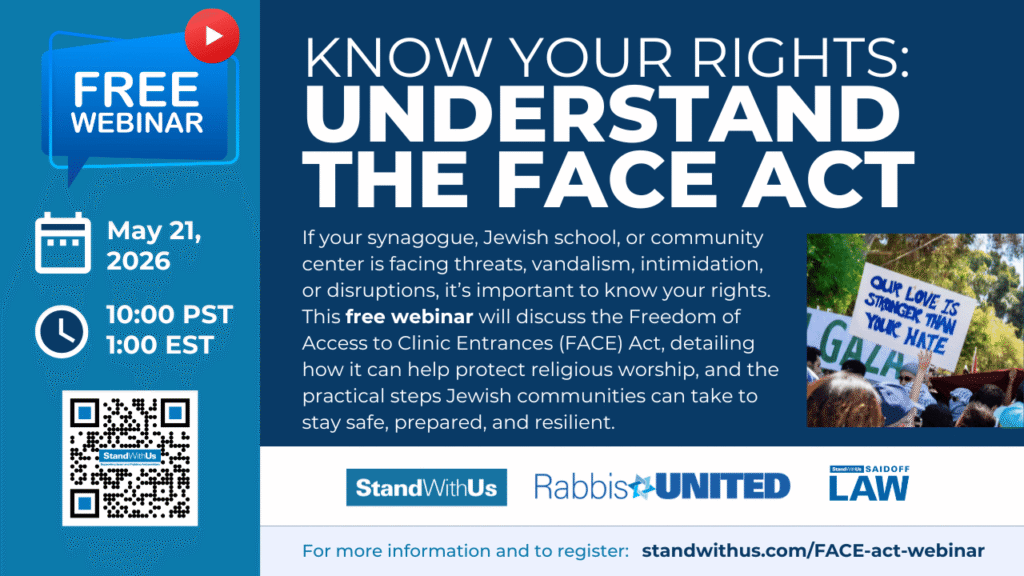 Poster for a free webinar titled 'Know Your Rights: Understand the FACE Act' with date May 21, 2026 and times 10:00 PST / 1:00 EST; left column shows date, time, and a QR code.