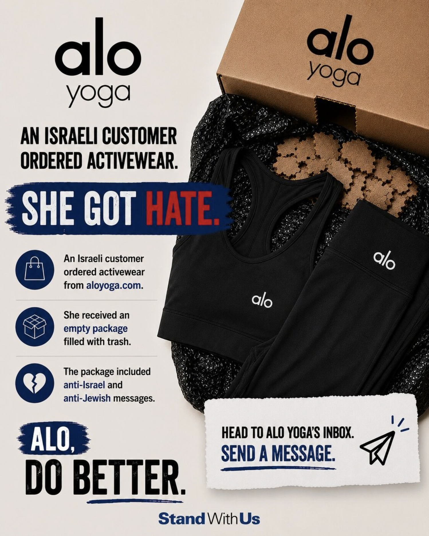 Alo Yoga advertisement with a bold 'SHE GOT HATE' banner, showing black activewear and a brown box amid collage elements.