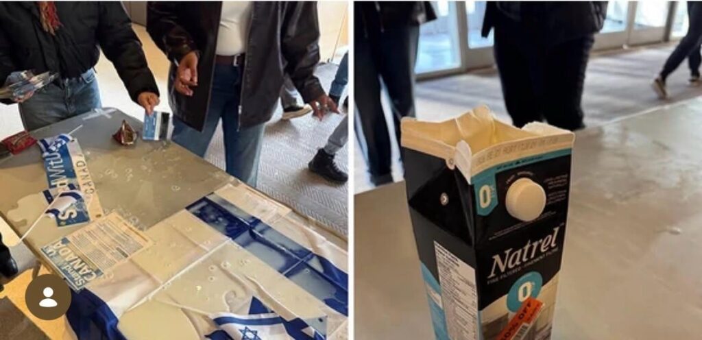 People at a donation event: left panel shows hands placing cards or coins into a box on a table covered with banners; right panel shows a Natrel milk carton with a folded top standing upright on the floor.