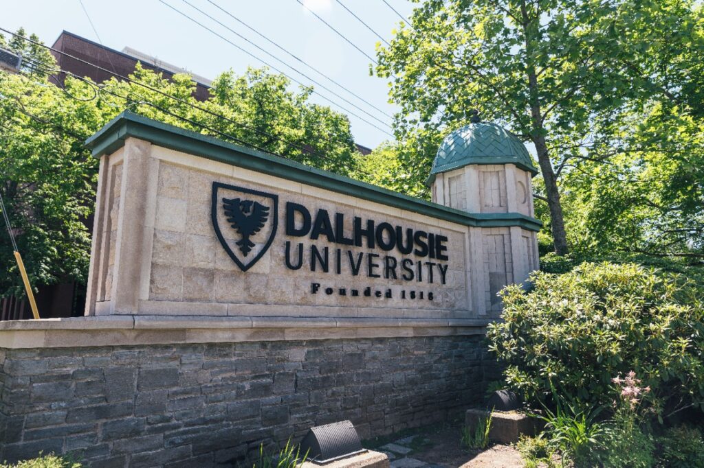 Dalhousie University sign on a stone wall with a shield emblem and green surroundings.