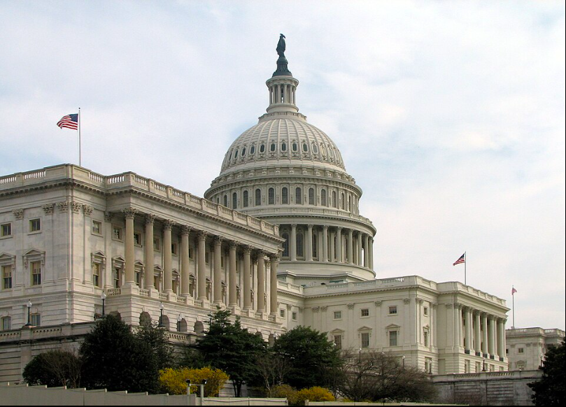 U.S. Capitol building with its large dome, neoclassical wings, and an American flag, set against a cloudy sky.