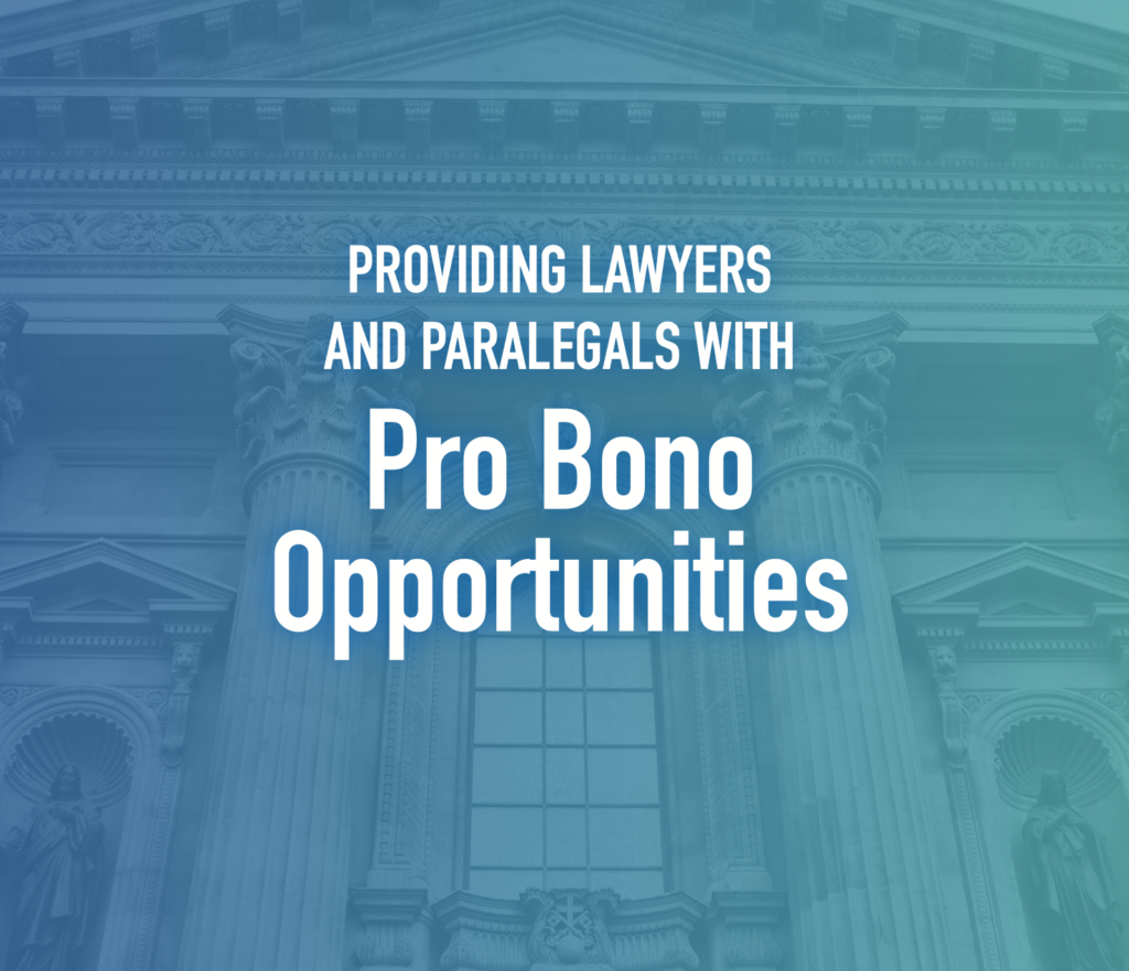 Blue-tinted hero image of a neoclassical courthouse facade with large white text about pro bono opportunities.
