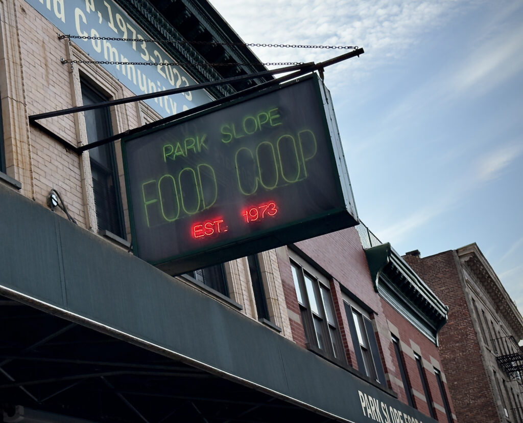 Neon sign reading 'Park Slope' on a storefront awning with a brick building and blue sky behind.