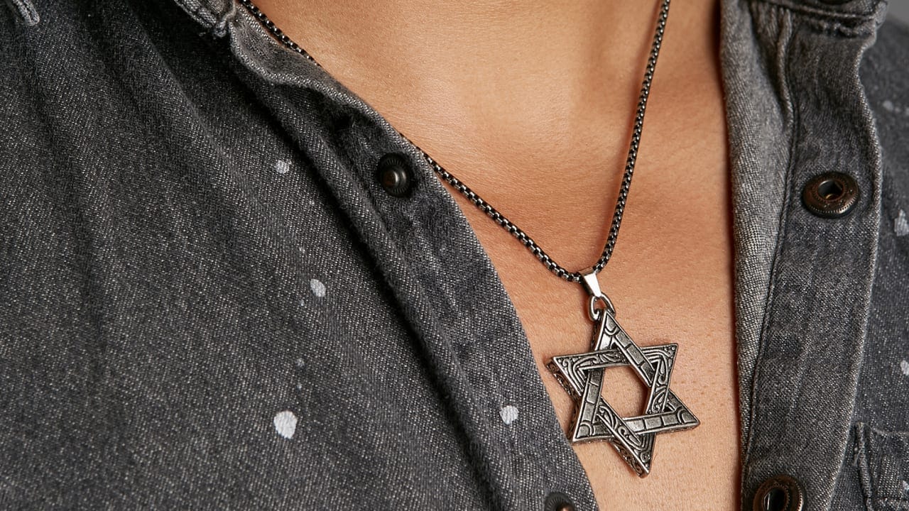 Close-up of a silver Star of David pendant on a black chain resting on a dark denim shirt