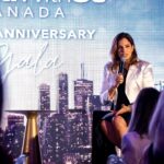 Woman in a white blazer speaking into a microphone on a stage with a city skyline backdrop and large text behind her (anniversary event).