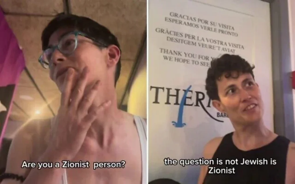 Split image of two women in a casual setting; left woman touches her neck, right woman beside a poster, with subtitles about Zionism.
