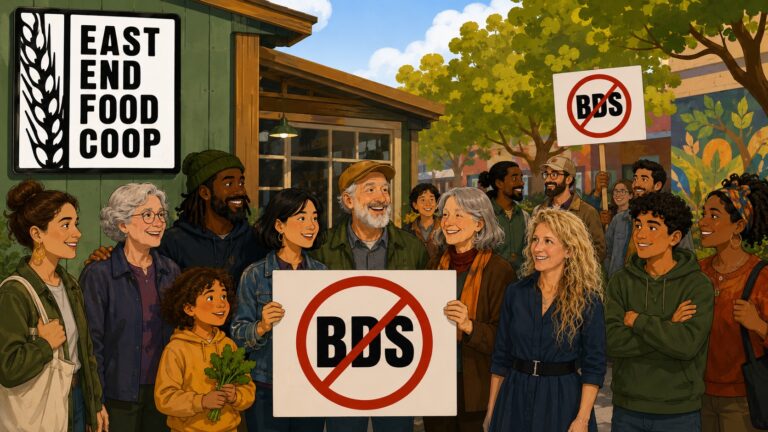 Diverse group protests against BDS outside a co-op storefront labeled East End Food Co-op.