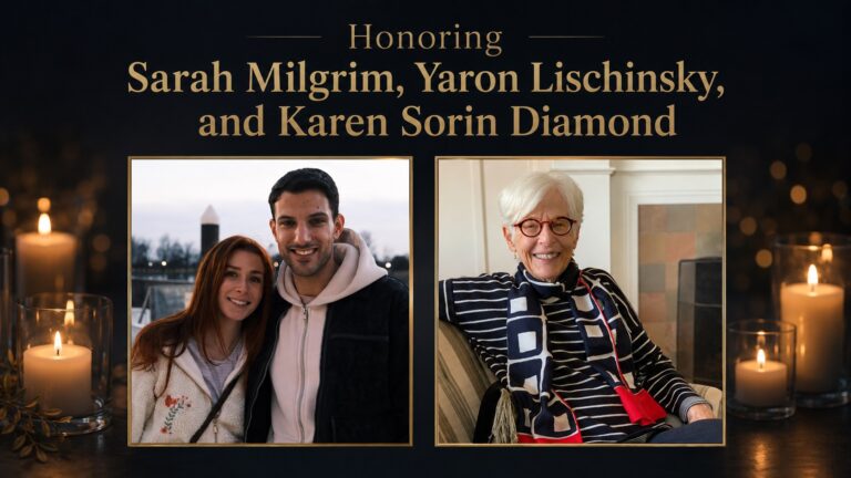 Memorial tribute banner with candles and two framed photos honoring three people: a young couple and an elderly woman.