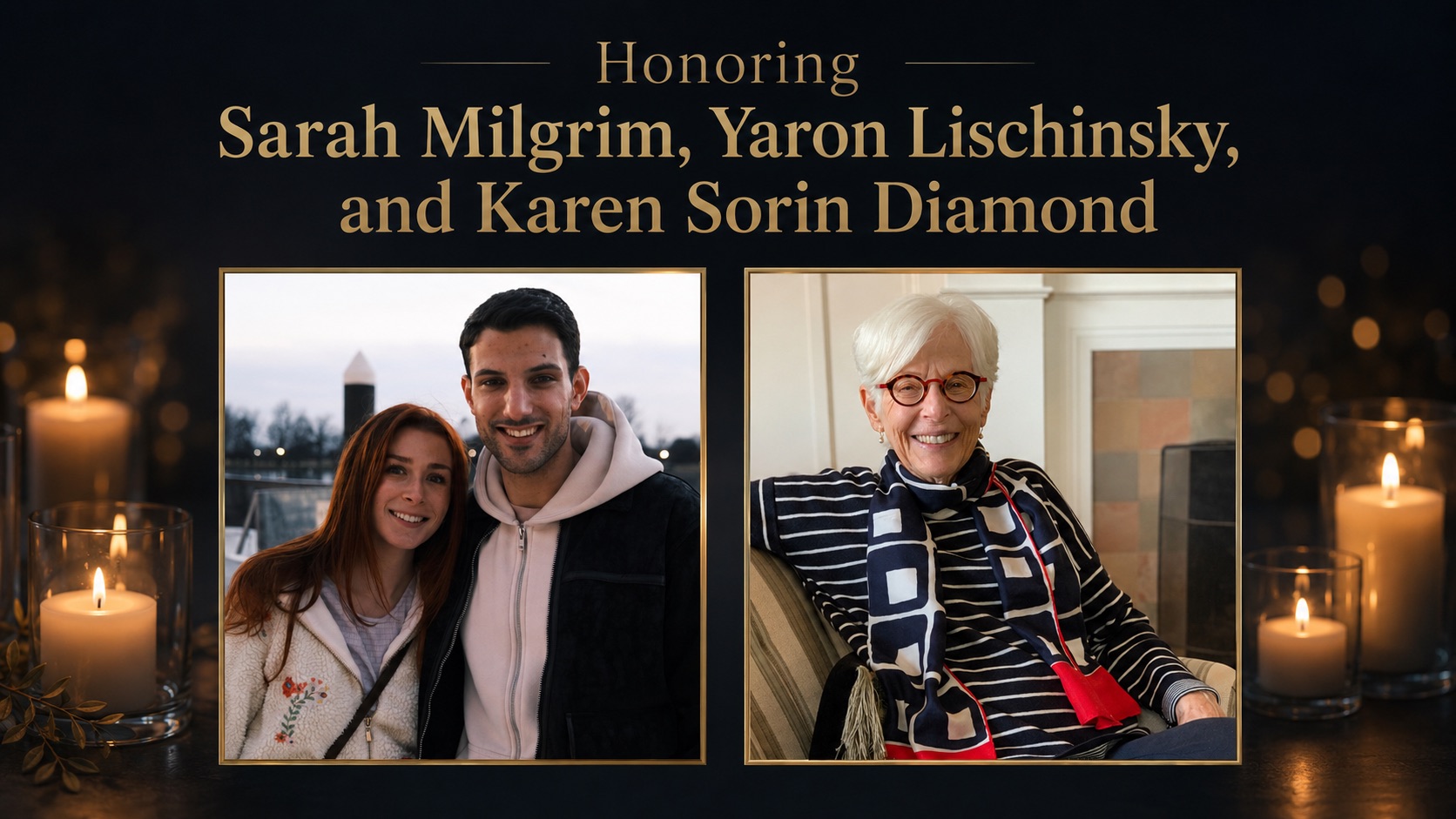 Memorial tribute banner with candles and two framed photos honoring three people: a young couple and an elderly woman.