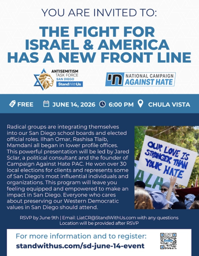 Flyer for the San Diego event, “The Fight for Israel & America Has a New Front Line”