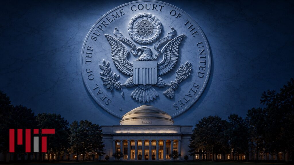 Nighttime view of the U.S. Supreme Court building with a large blue seal of the Supreme Court as a backdrop.