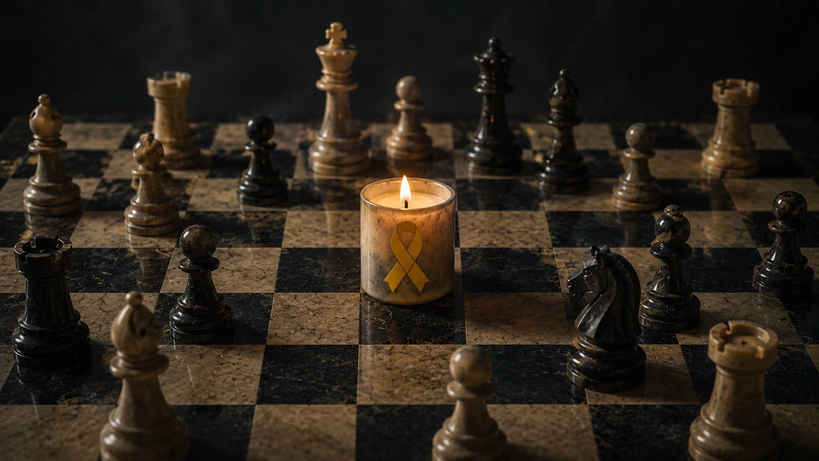 Lit candle with a yellow awareness ribbon on a marble chessboard among surrounding chess pieces.