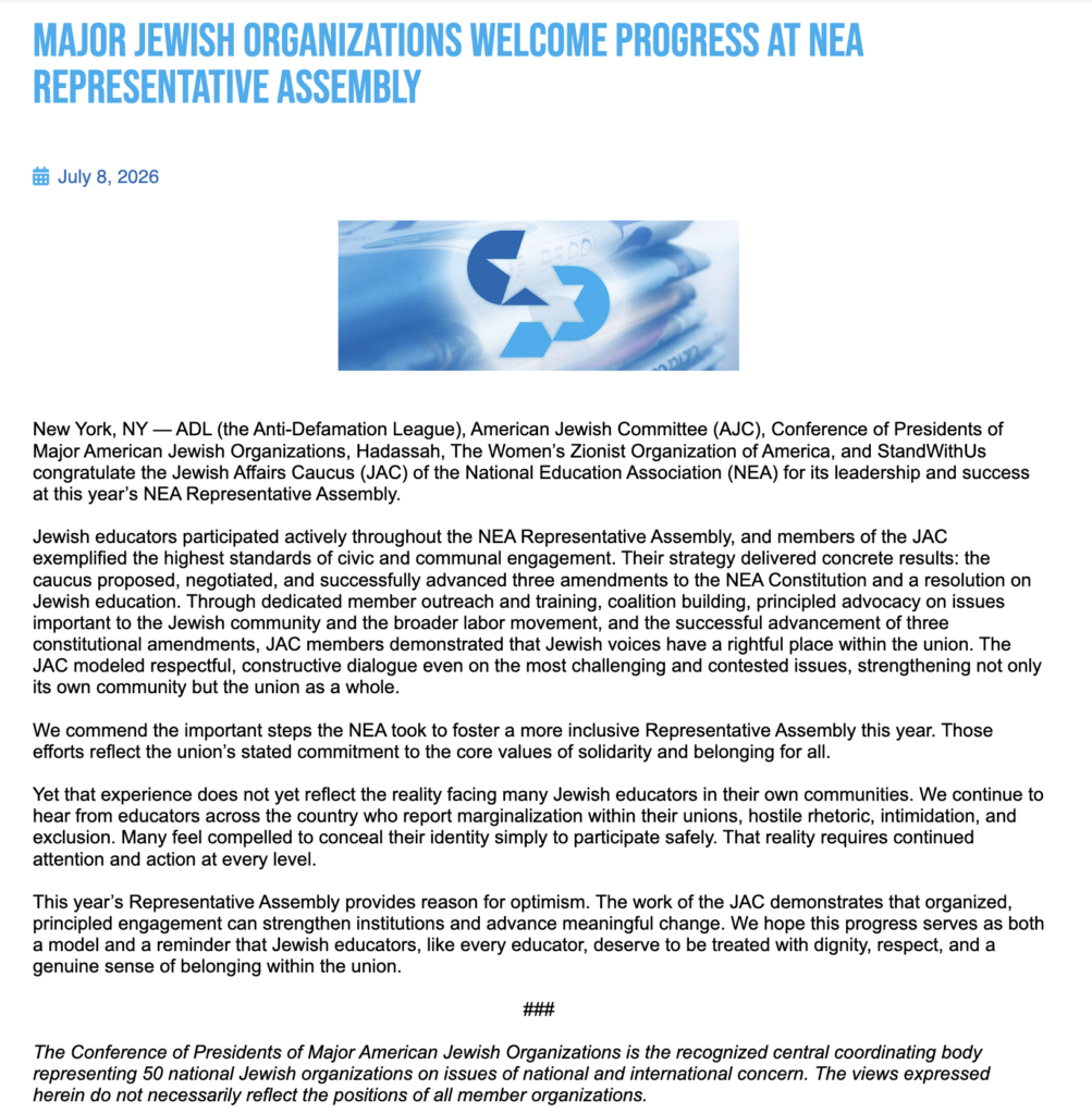 Headline banner: Major Jewish organizations welcome progress at NEA Representative Assembly (July 8, 2026).