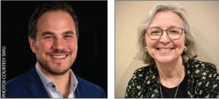 Two professional headshots side by side: left is a smiling man in a blue blazer, right is a smiling woman with gray hair and glasses.