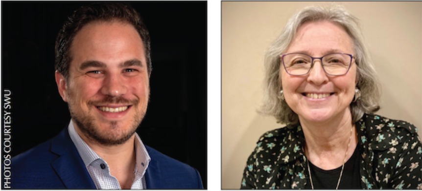 Two professional headshots side by side: left is a smiling man in a blue blazer, right is a smiling woman with gray hair and glasses.