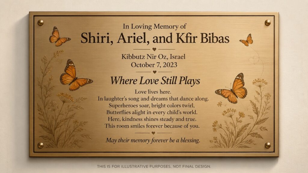 Bronze memorial plaque with botanical borders and orange butterflies, engraved text honoring Shiri, Ariel, and Kfir Bibas, with dates and a poem.
