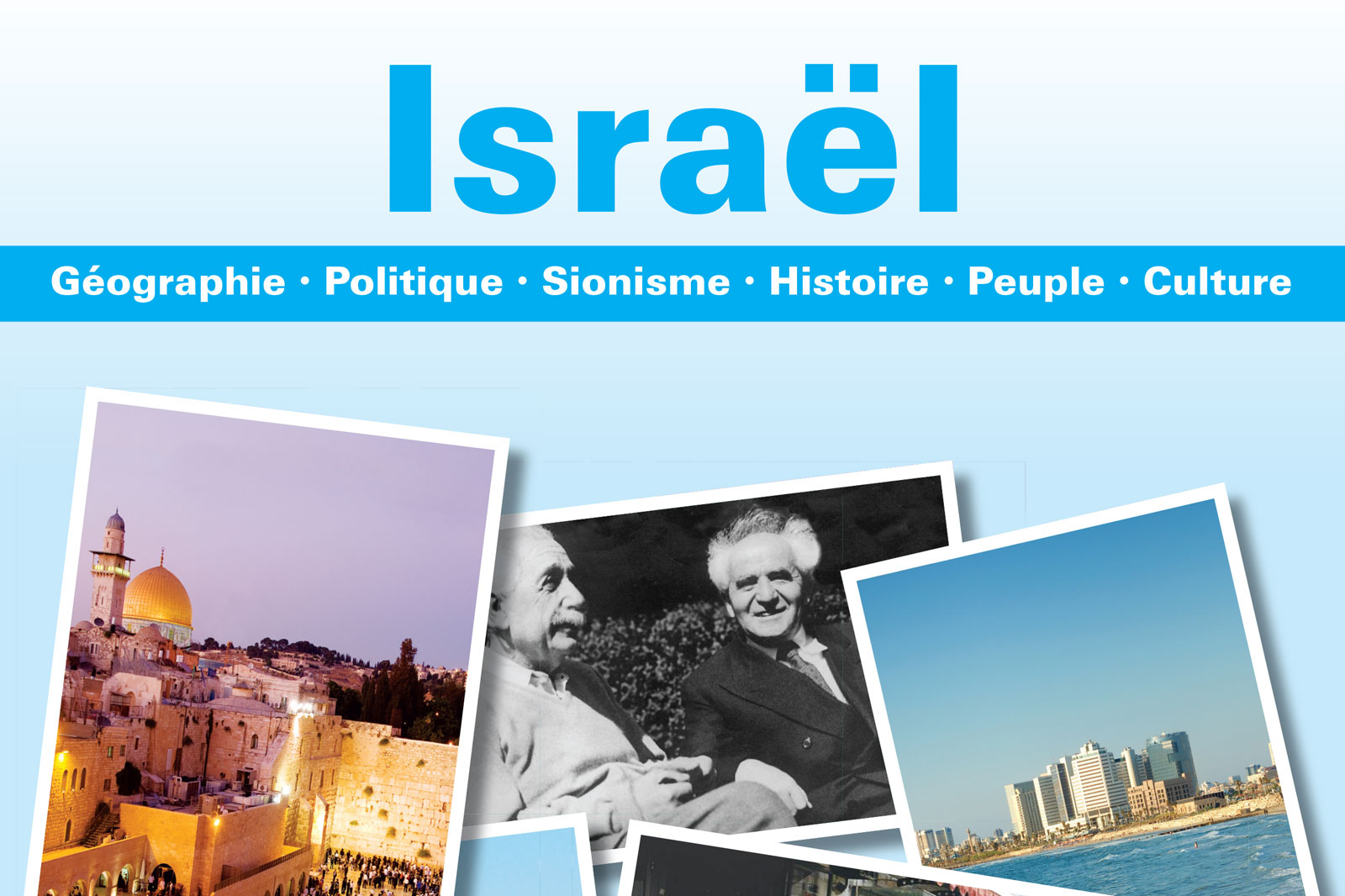 Banner for Israel topics: Geography, Politics, Zionism, History, Culture with photo collage of landmarks like Jerusalem and skyline.