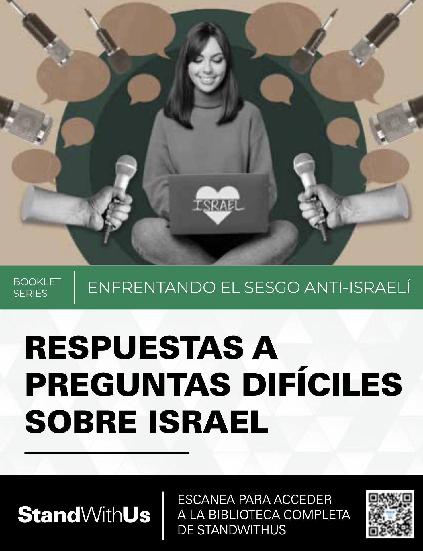 Person seated with laptop displaying a heart-shaped Israel logo, surrounded by microphones, suggesting a media interview or discussion about Israel.