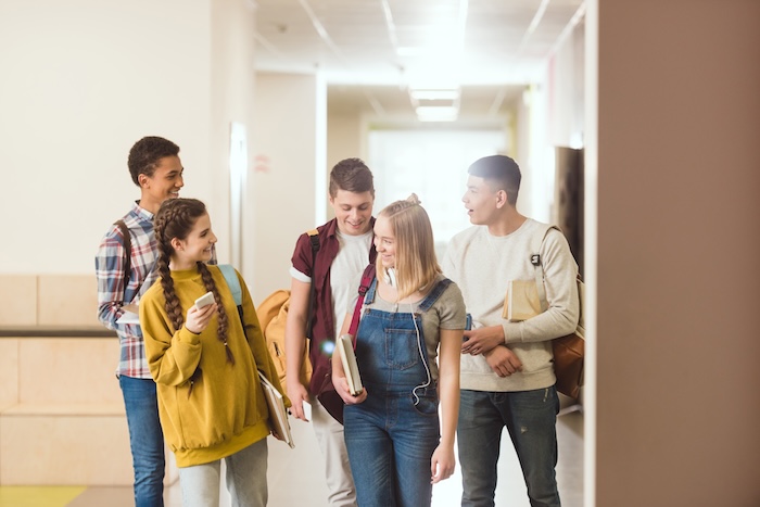 Diverse students talking in the hallway at their high school.