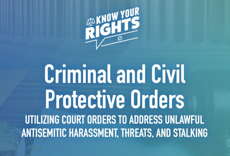 Informational banner about Criminal and Civil Protective Orders to address antisemitic harassment, threats, and stalking.