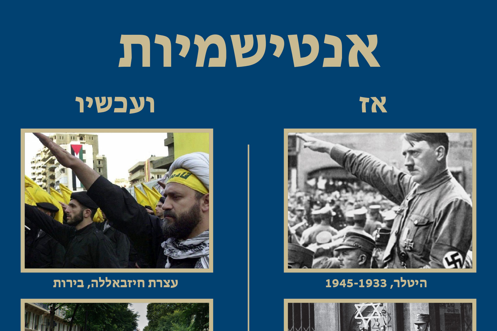 Two-panel poster in Hebrew: left shows militants with yellow flags (Beirut/Hezbollah), right shows Adolf Hitler saluting with a crowd (1933–1945).