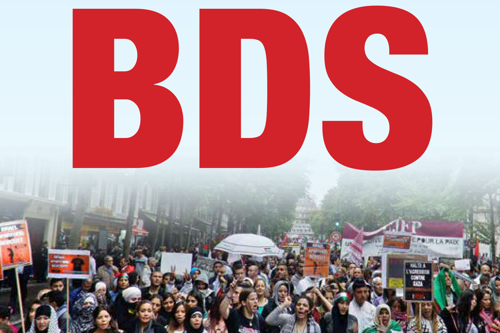 Large red 'BDS' letters over a crowded city street protest with banners and signs beneath the overlayed text.