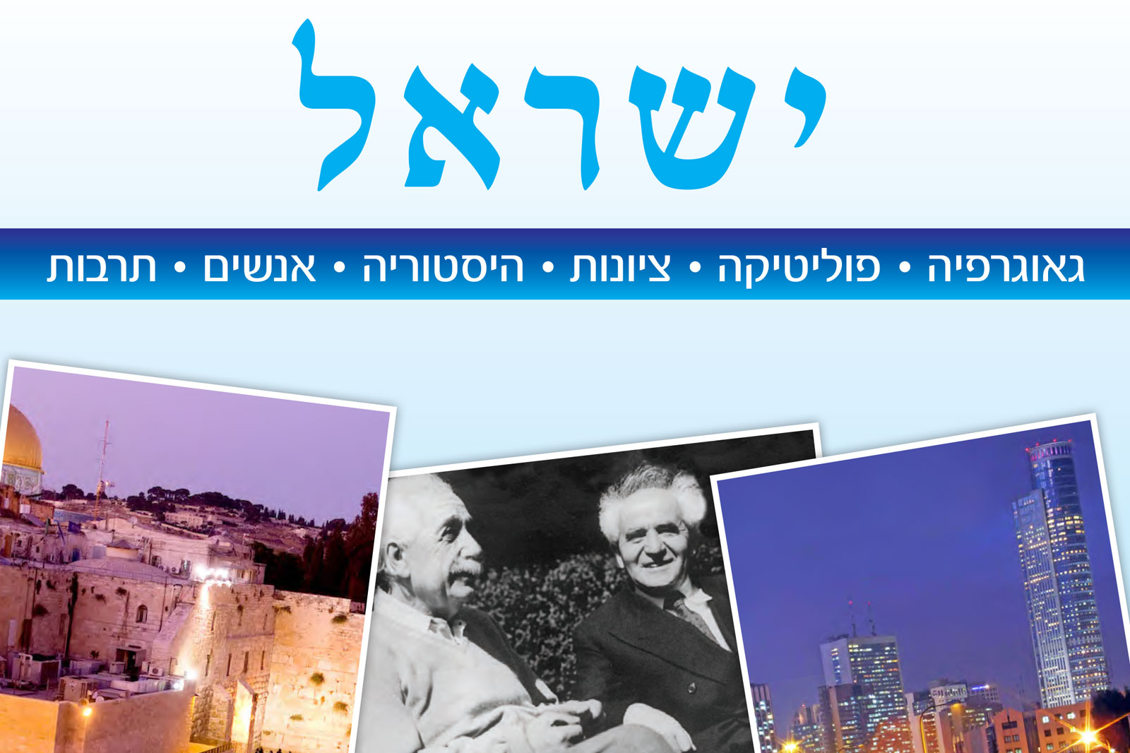 Hebrew banner that says Shalom with a blue gradient strip of words and a tilted collage of photos (Jerusalem, historic figures, city skyline).