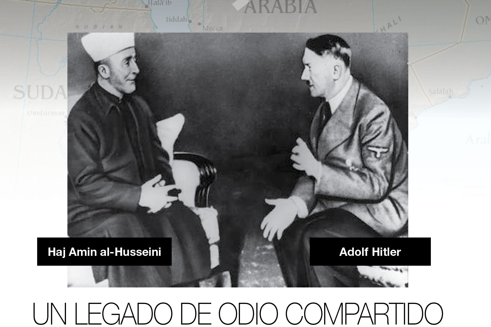 Black-and-white photo of two men shaking hands, one in a fez and robe, the other in a suit with a Nazi armband.