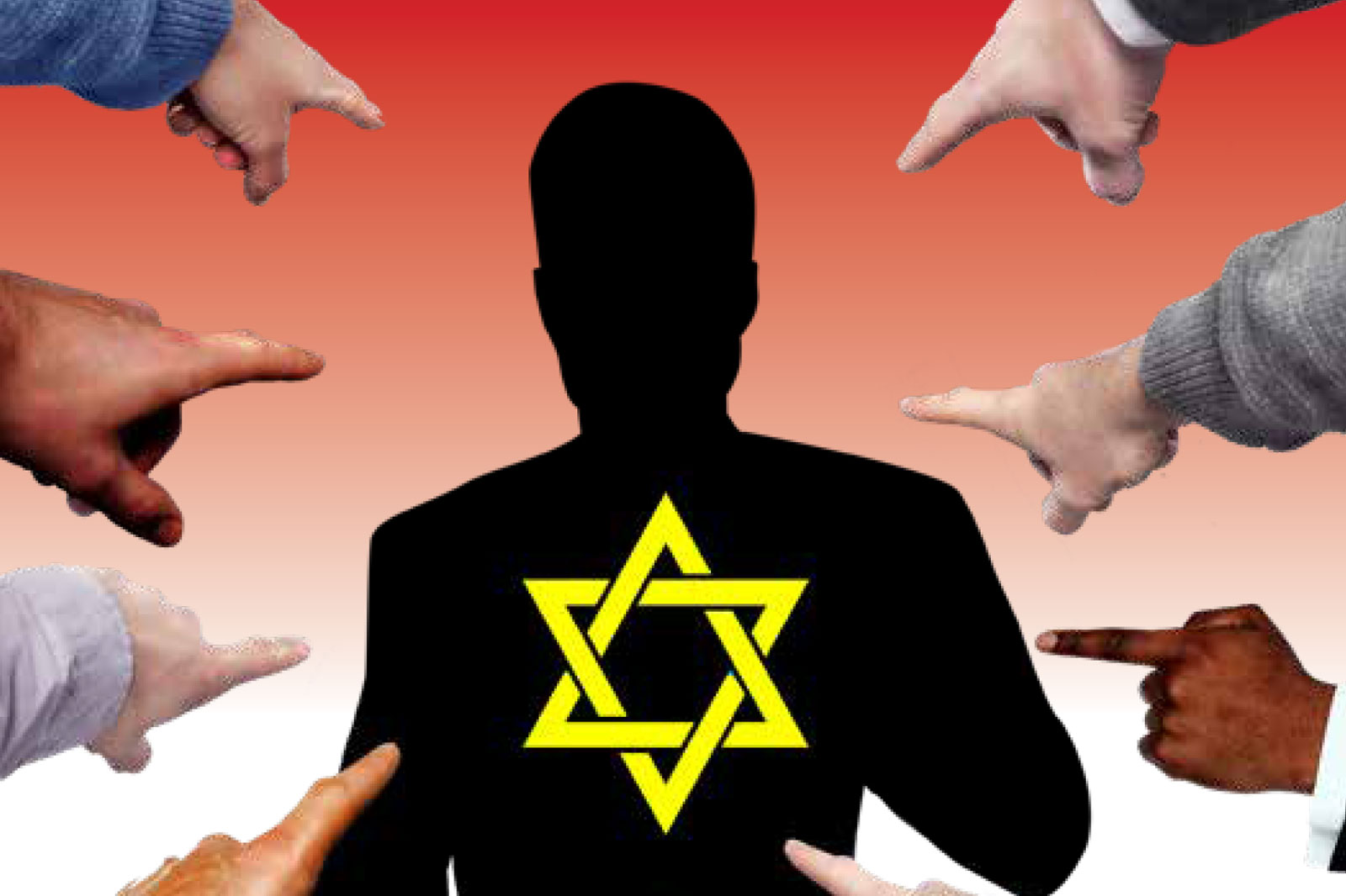 Silhouette of a person wearing a yellow Star of David, surrounded by many pointing fingers, implying accusation or persecution.