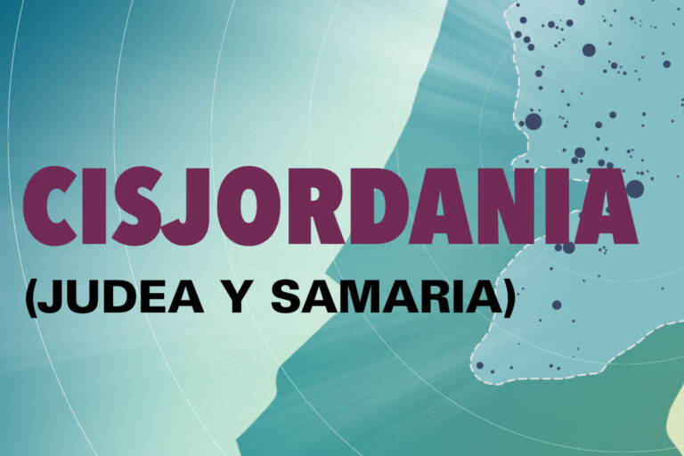 Bold purple text 'CISJORDANIA' with black subtitle '(JUDEA Y SAMARIA)' over an abstract teal map background, as a header/banner