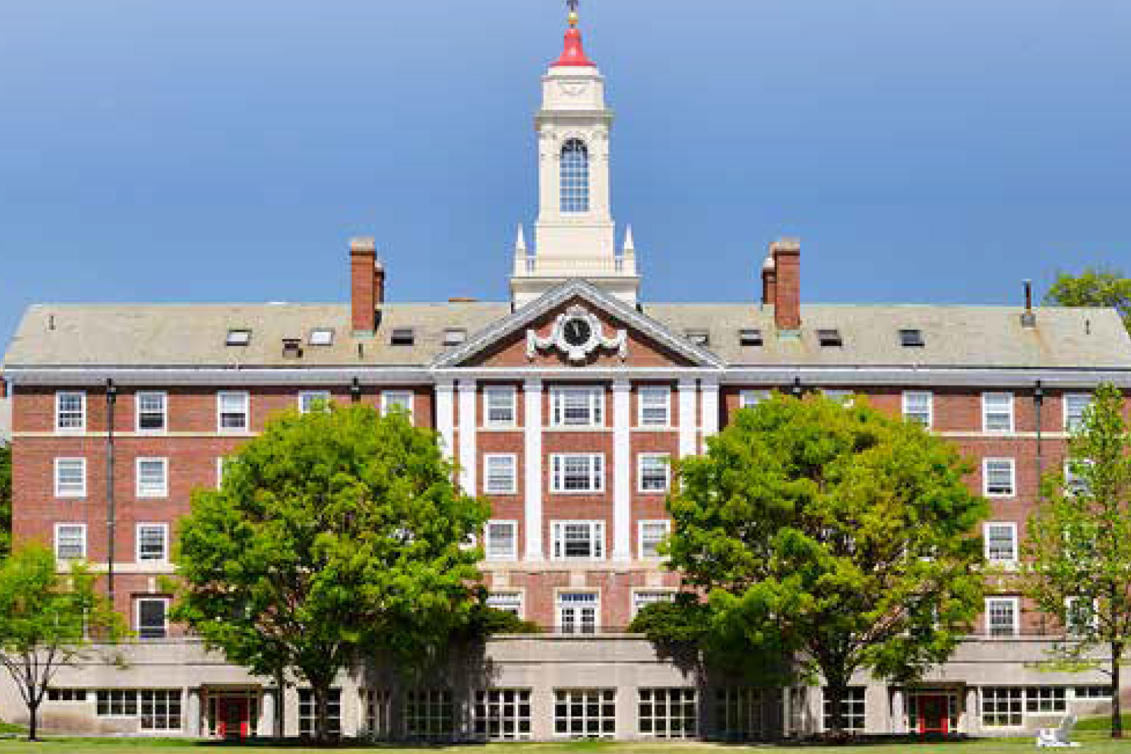 Brick university building with a central clock tower, red brick façade, and surrounding green trees against a blue sky.